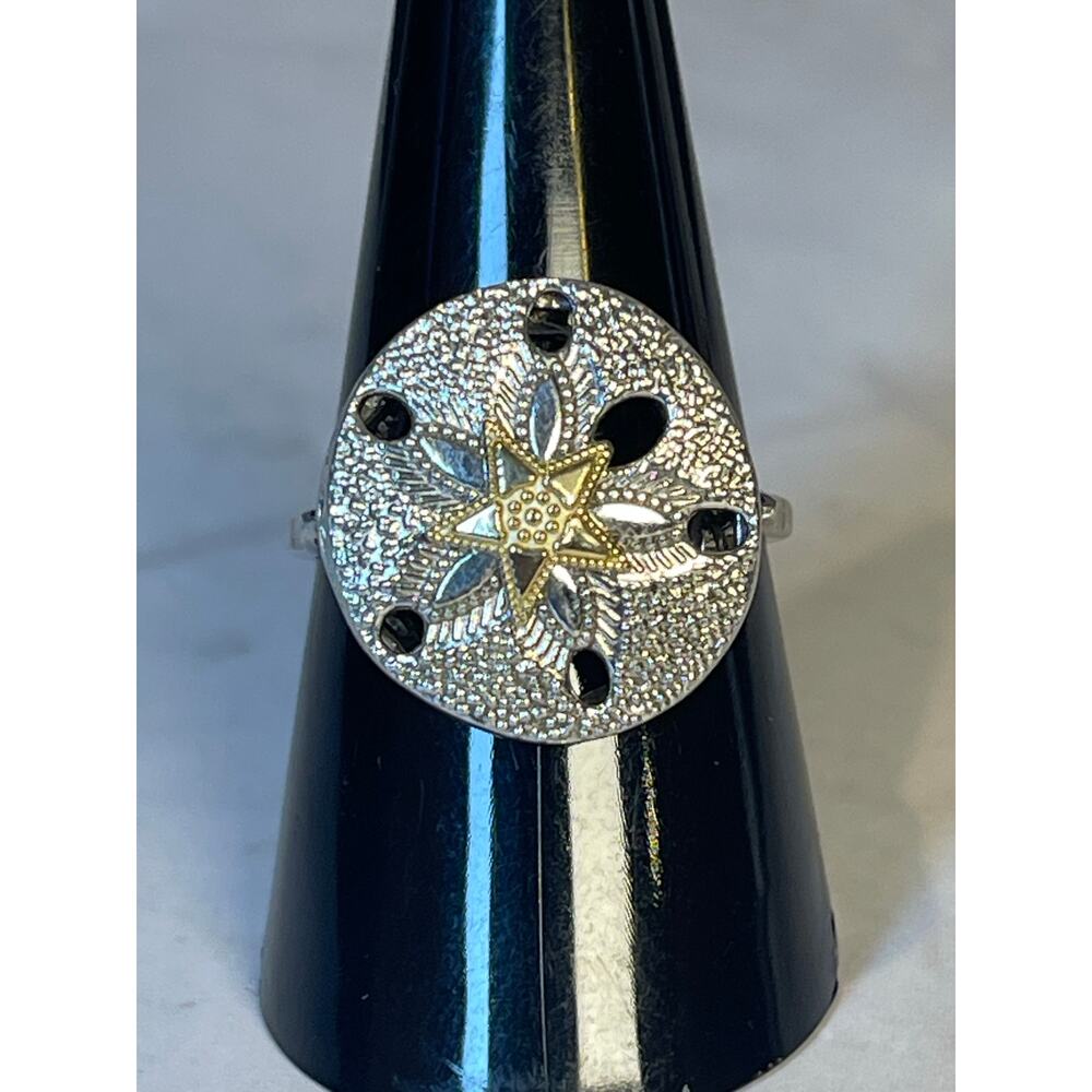 925 Sterling Silver Sand Dollar Ring 14K Gold Starfish Accent Size 8